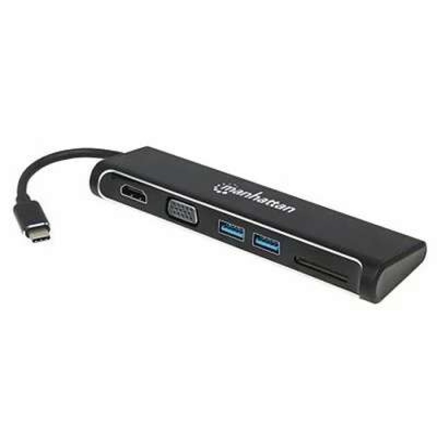 Laptop Accessories * | Laptop Docking Station Manhattan Superspeed 152631 Usb-C To Hdmi/Vga 4-In-1 Docking Converter, Black